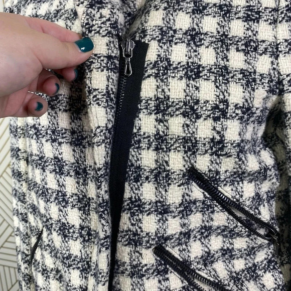 Zara Basic Checker Plaid Tweed Moto Jacket in Black & Cream Size US Medium - Picture 4 of 12